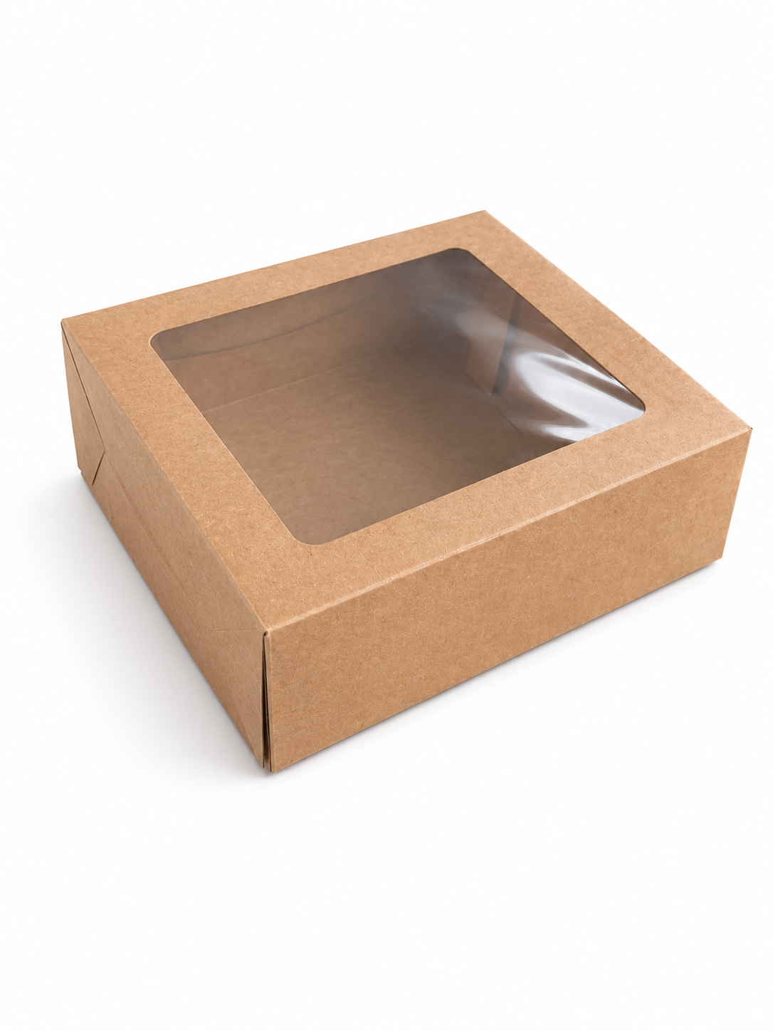 Kraft square cake box with a clear window panel in the lid